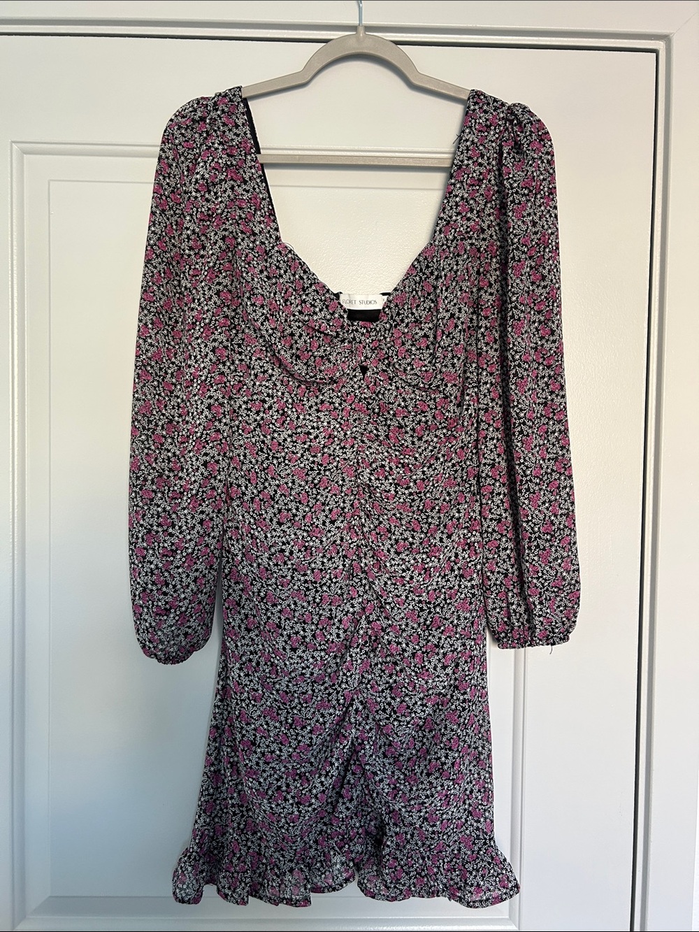 Floral Pink & Black Ruffle Hem Mini Dress